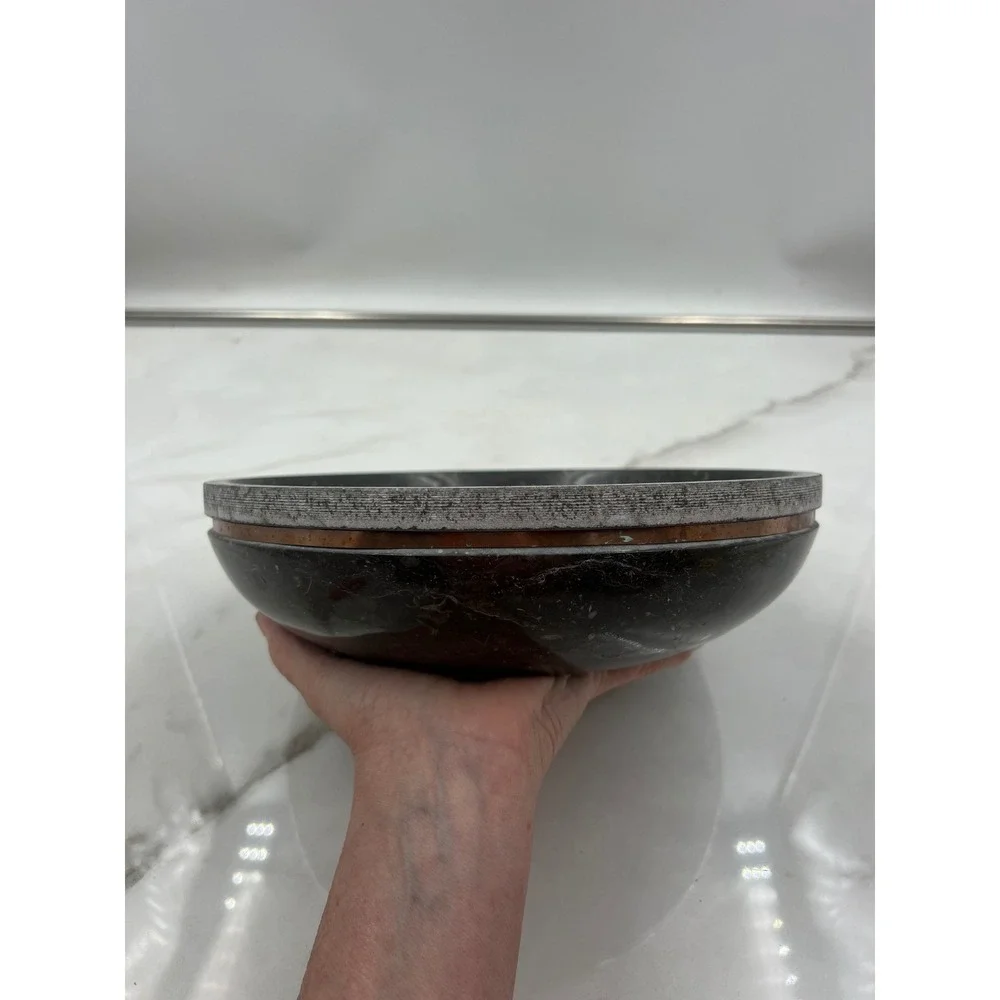 Tahari Home Marble Decorative Bowl Black Stone Copper Inlay Centerpiece 10in
